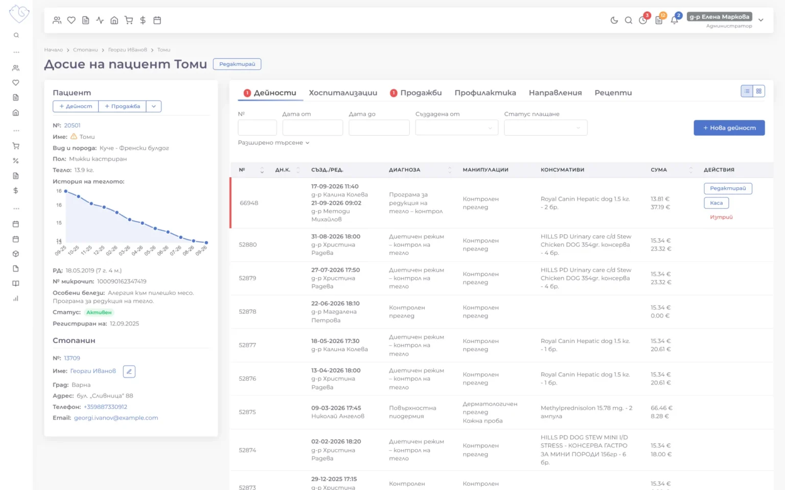 VetsWise: veterinary medical records software, showing a patient record with the visit history
